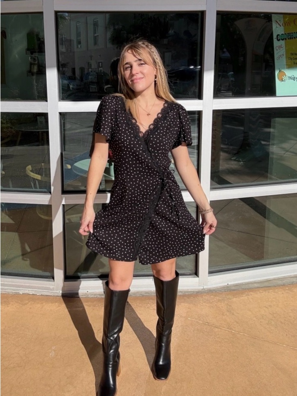 Boutique Black Polka Dot Wrap Dress with Lace Trim